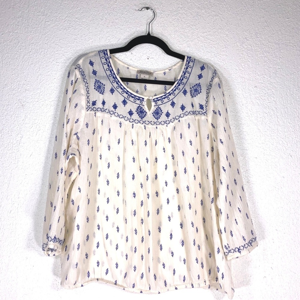 Lucky Brand Womens XL Embroidered Boho Peasant Blouse Blue White Cotton Top